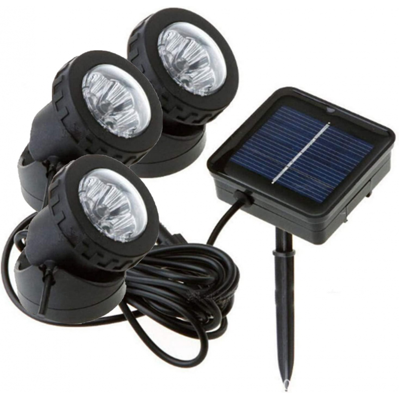 Focos solares LED sumergibles para estanques. Luces 3 en 1 de 18 LEDs. Modo  permanente o parpadeo
