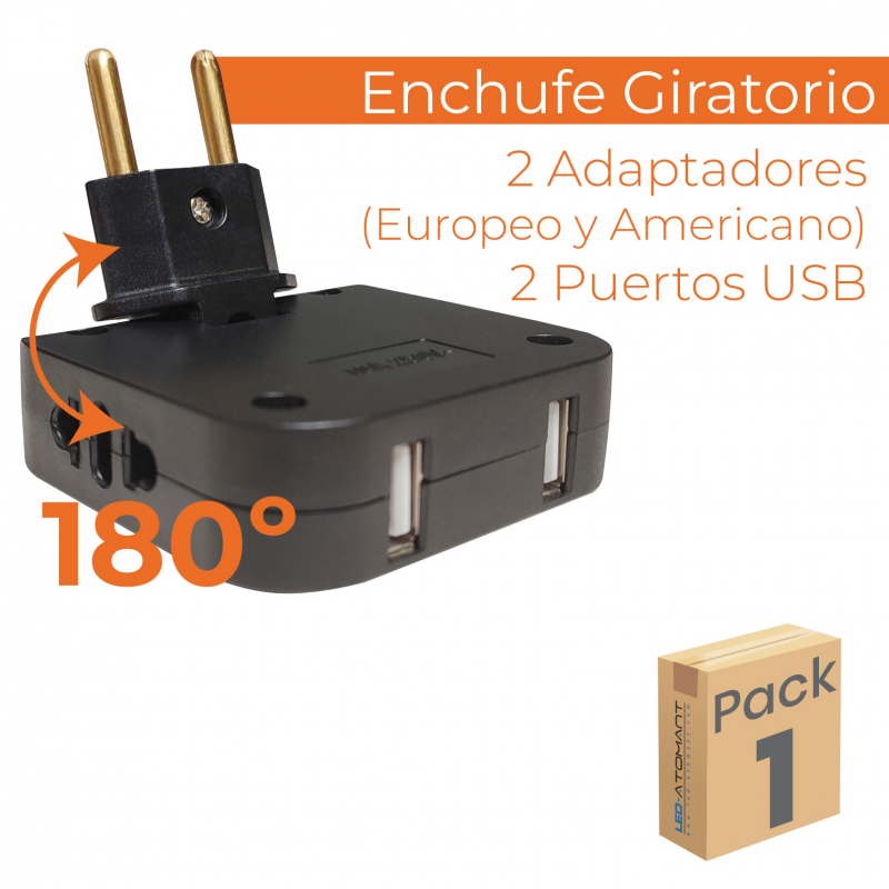 Enchufe ultra plano con 2 Adaptadores (Europeo y Americano) y 2 Puertos  USB. Cabezal Giratorio 180º