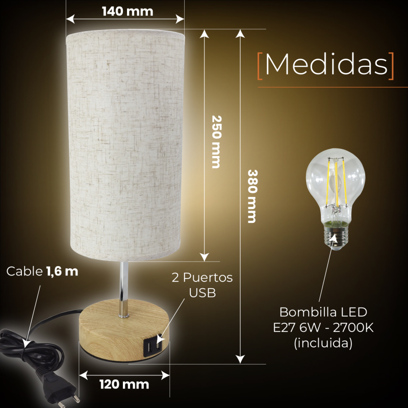 Tactile table lamp with USB ports, intensities and 6W 2700K