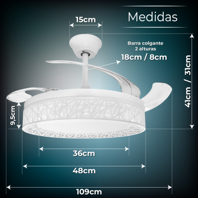 ATOMANT Deckenventilator Mit LED-Licht, 109 Cm – Klappbare Flügel, 6 Geschwindigkeiten, Fernbedienung